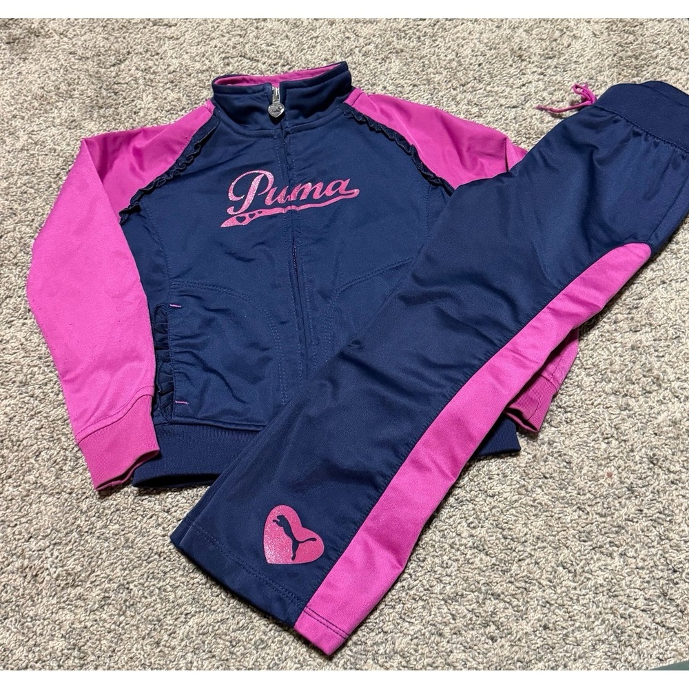 Puma Girls 4T Pink Navy Tracksuit Set Zip Jacket Pants Athletic Outfit Y2K
